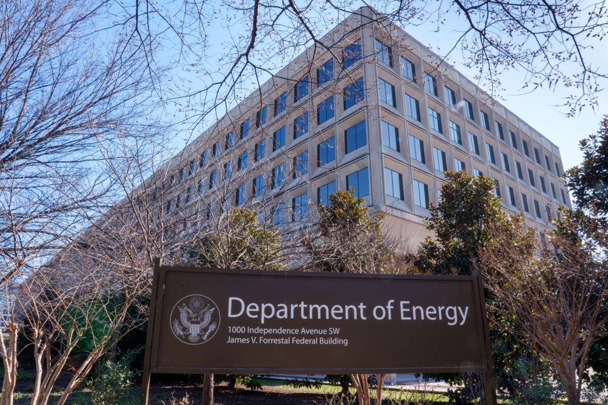 The U.S. Department of Energy headquarters is seen behind the sign marking the location of the building on February 9, 2024, in Washington, D.C.