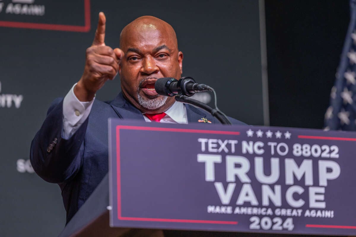 Mark Robinson, lieutenant governor of North Carolina and candidate for governor, delivers remarks prior to Donald Trump speaking at a campaign event at Harrah's Cherokee Center in Asheville, North Carolina, on August 14, 2024.