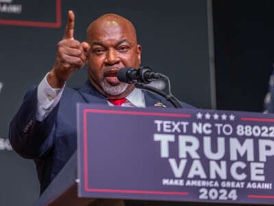 Mark Robinson, lieutenant governor of North Carolina and candidate for governor, delivers remarks prior to Donald Trump speaking at a campaign event at Harrah's Cherokee Center in Asheville, North Carolina, on August 14, 2024.