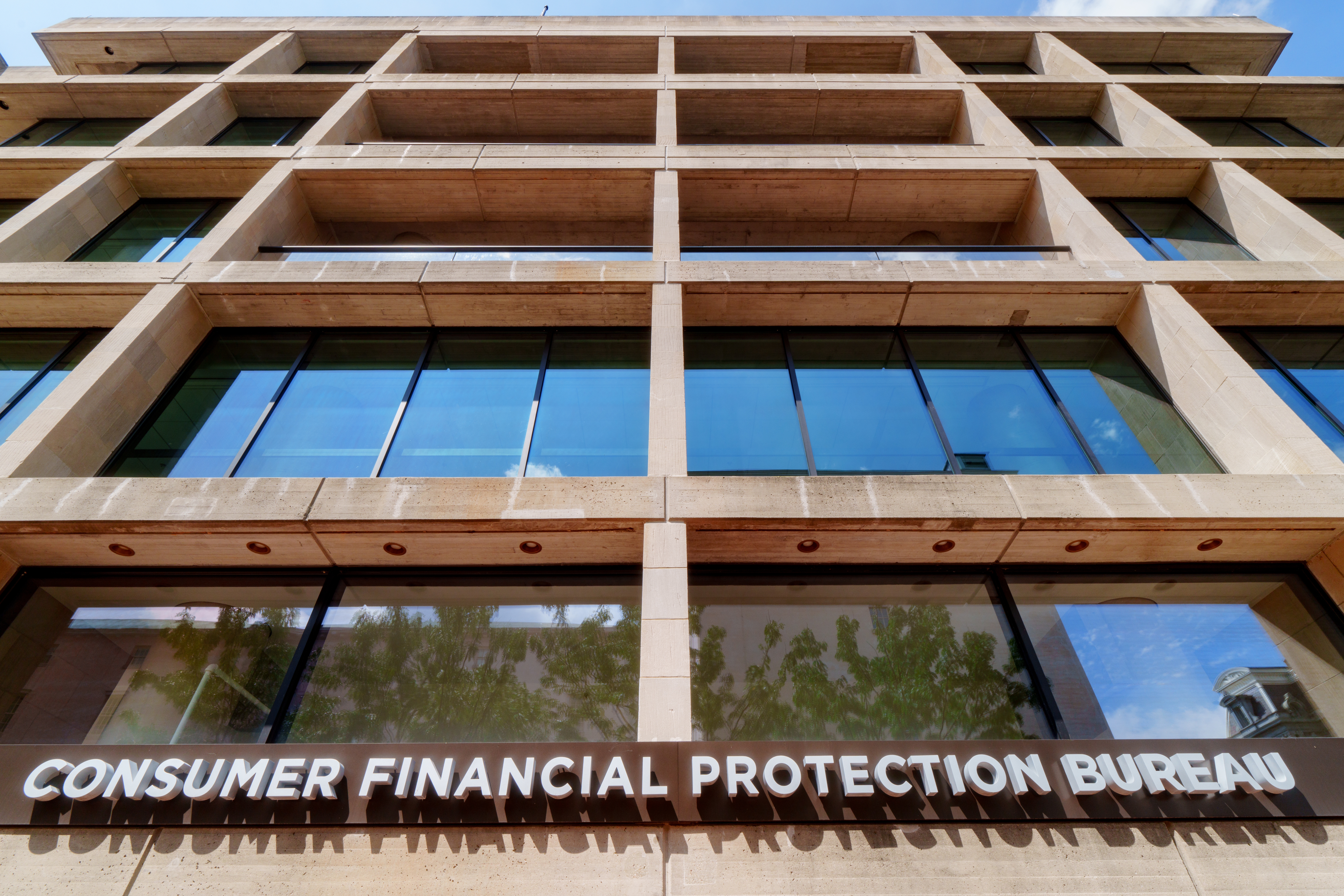 The entrance to the Consumer Financial Protection Bureau (CFPB) headquarters building is seen on August 18, 2024, in Washington, D.C.