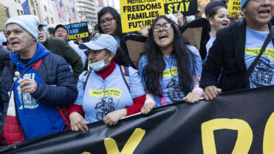 Immigrant rights supporters join an anti-Trump protest march in anticipation of the newly elected president's immigration policies on November 9, 2024, in midtown New York City.