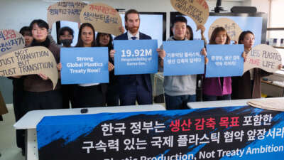 Greenpeace activists display banners in Seoul, South Korea, on November 19, 2024, ahead of the fifth session of the Intergovernmental Negotiating Committee (INC-5) to develop an international legally binding instrument on plastic pollution.