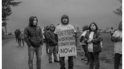 Benito Lopez, a Familias Unidas por la Justicia union member, at a picket line during a strike at a Tulip farm in Mount Vernon, Washington, in March 2022.