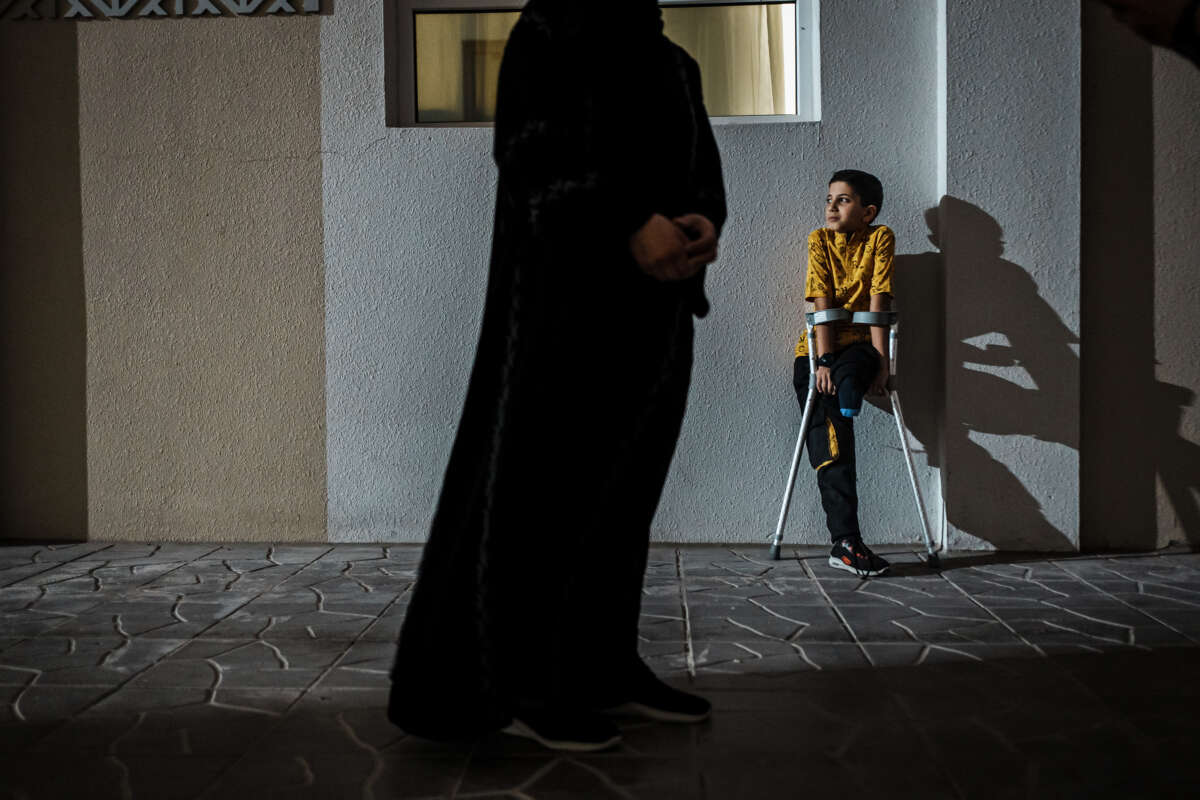 A Palestinian child from Gaza is pictured at a temporary housing compound in Doha, Qatar, on April 12, 2024.