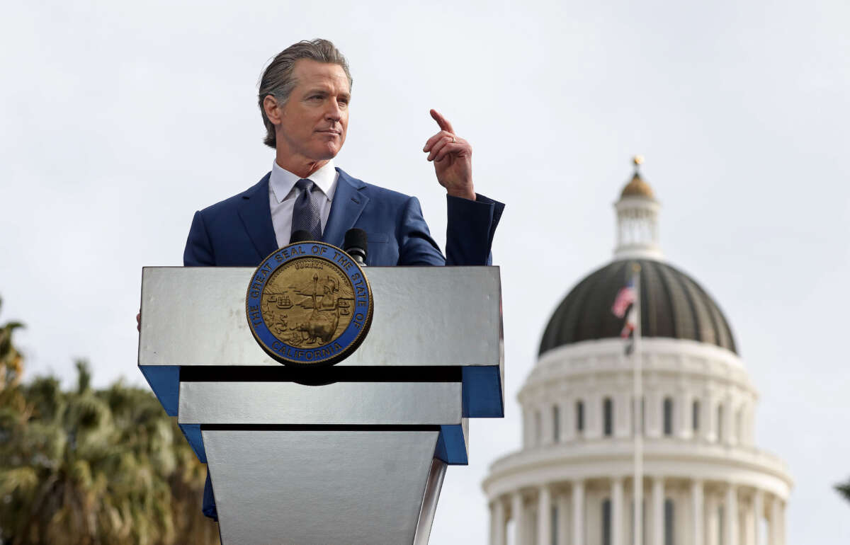 Gov. Gavin Newsom gives the inaugural address after taking the oath of office being sworn in by Chief Justice Patricia Guerrero, at his inauguration ceremony at the Capitol Mall on January 6, 2023, in Sacramento, California.