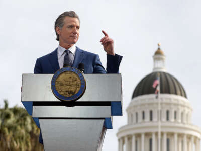 Gov. Gavin Newsom gives the inaugural address after taking the oath of office being sworn in by Chief Justice Patricia Guerrero, at his inauguration ceremony at the Capitol Mall on January 6, 2023, in Sacramento, California.