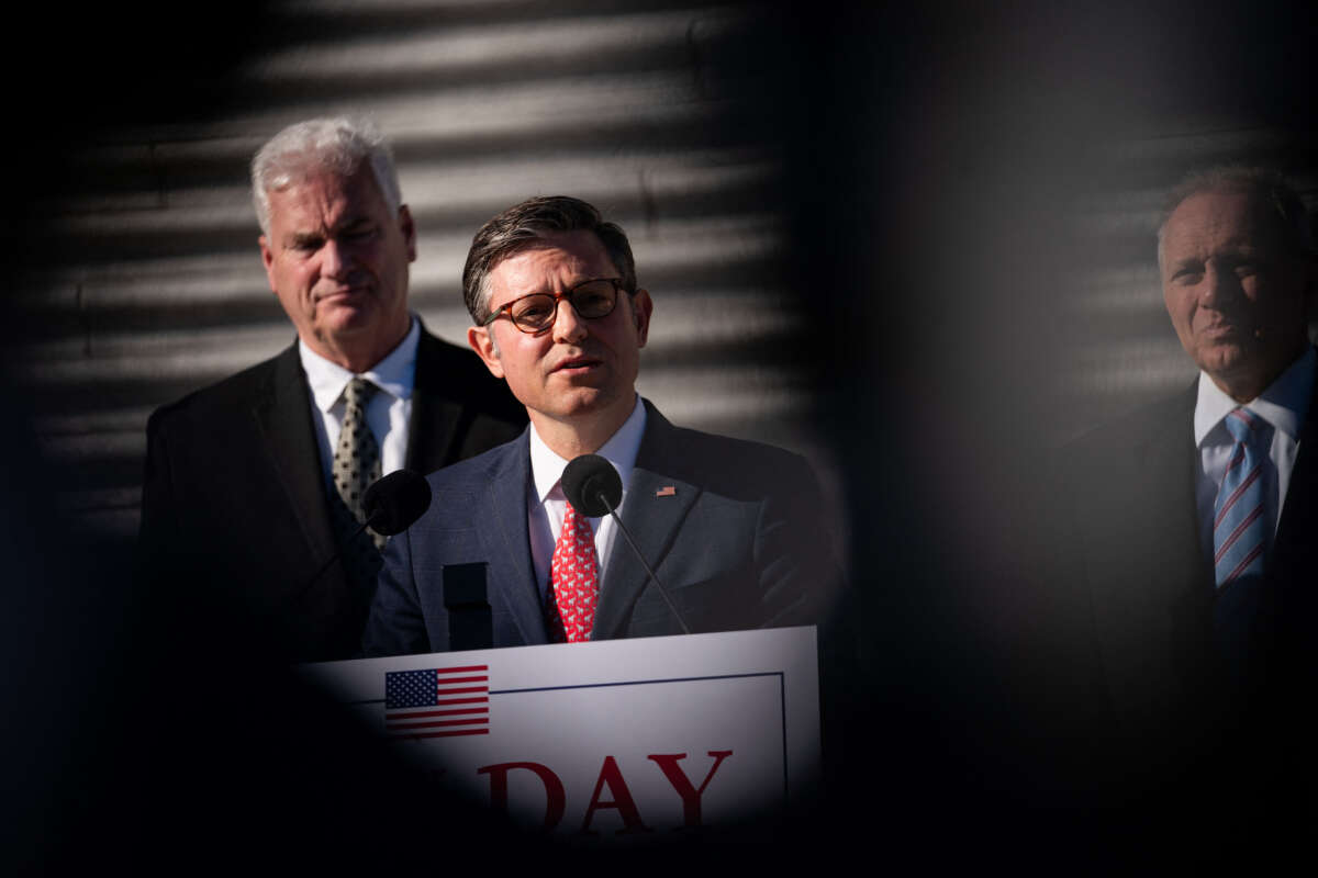 Speaker of the House Mike Johnson speaks during his first news conference after the elections, outside the U.S. Capitol in Washington, D.C., on November 12, 2024.