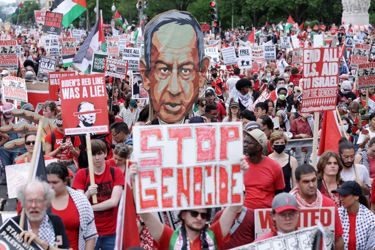 A large pro-Palestine protest takes place in a street