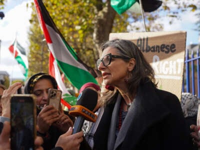 Francesca Albanese, the UN Special Rapporteur on the Occupied Palestinian Territories, meets people and speaks to the press ahead of her talk at the Queen Mary University of London on November 12, 2024, in London, United Kingdom.