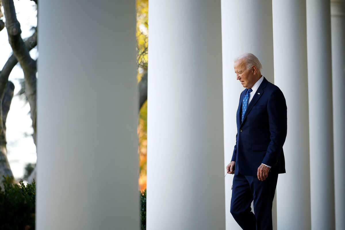 President Joe Biden walks out to deliver remarks from the Rose Garden at the White House on November 26, 2024, in Washington, D.C.