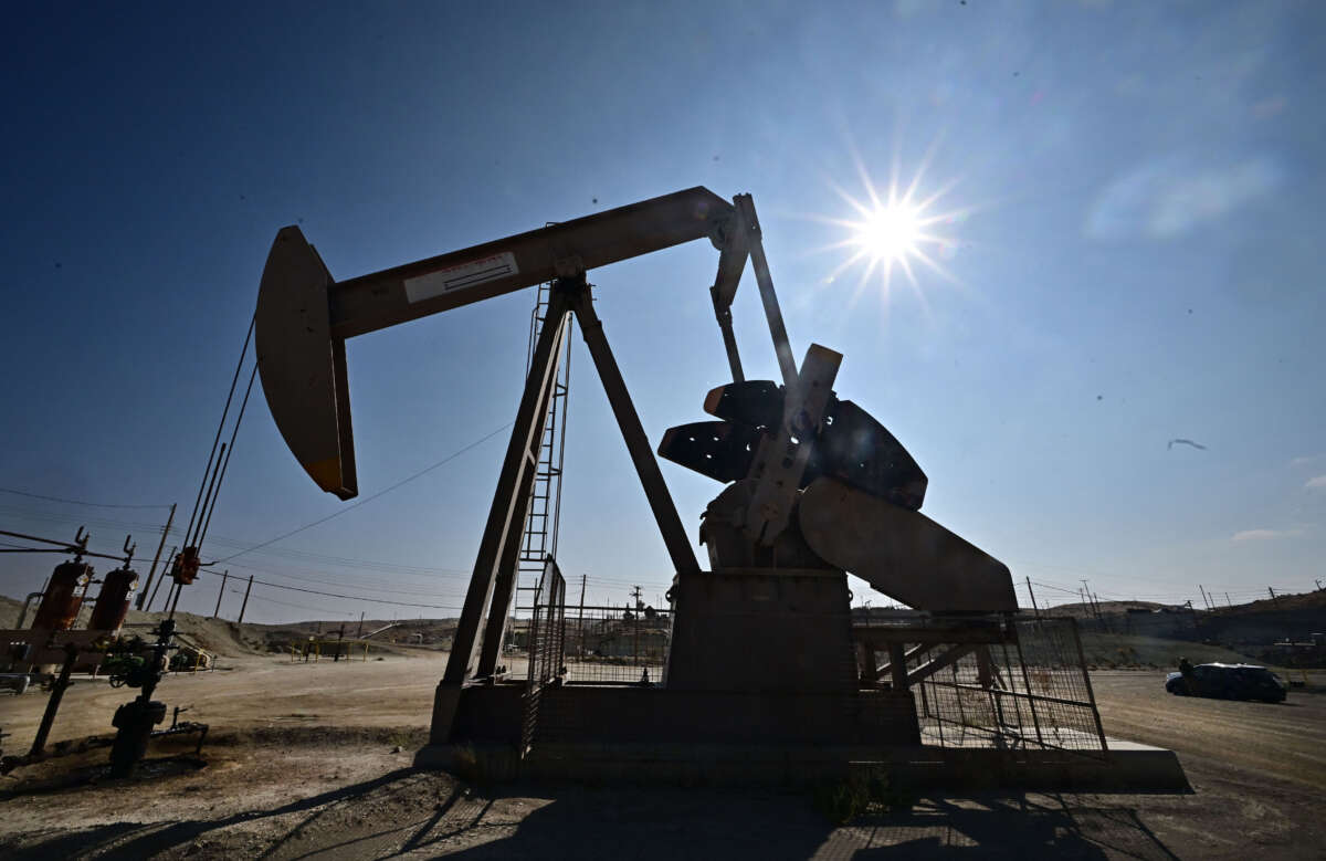 A working oil pumpjack is pictured on the outskirts of Taft in Kern County, California, on September 21, 2023.