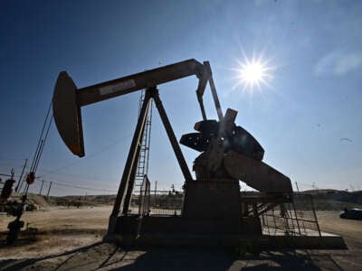 A working oil pumpjack is pictured on the outskirts of Taft in Kern County, California, on September 21, 2023.