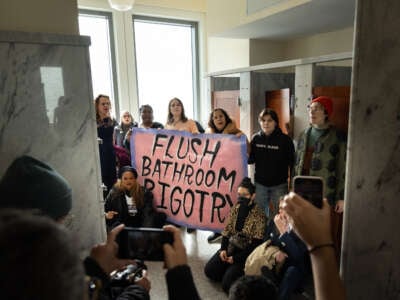 Pro-transgender rights activists with the Gender Liberation Movement protest in the House Cannon building and face subsequent arrests on December 5, 2024, in Washington, D.C.