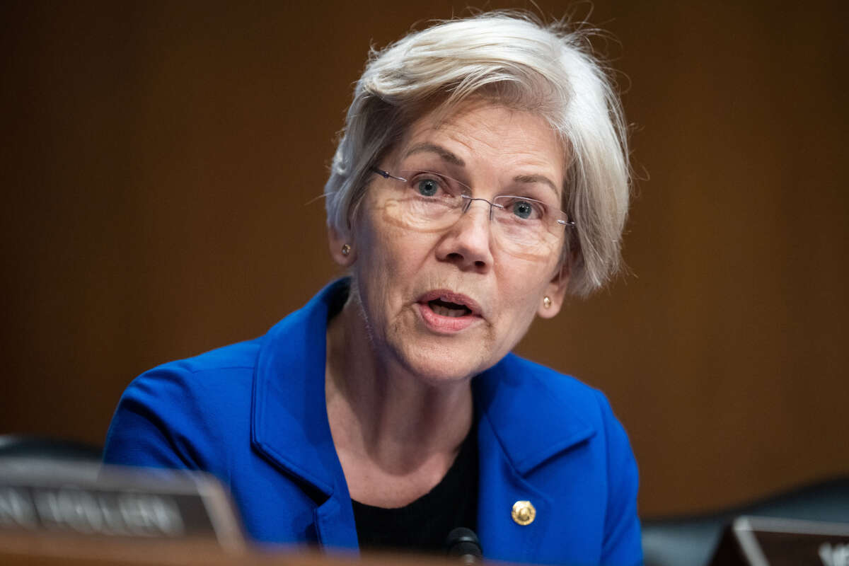 Sen. Elizabeth Warren speaks during a Senate Banking, Housing, and Urban Affairs Committee hearing in the Dirksen Building on January 11, 2024.