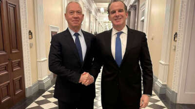 Likud MK Yoav Gallant, left, meets with White House Mideast czar Brett McGurk in Washington, D.C., on December 10, 2024.