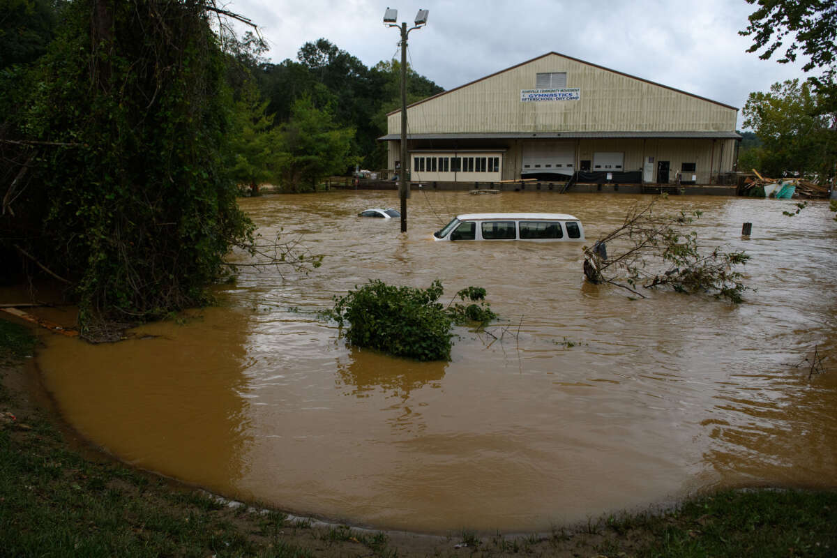 Heavy rains from Hurricane Helene caused record flooding and damage on September 28, 2024, in Asheville, North Carolina.