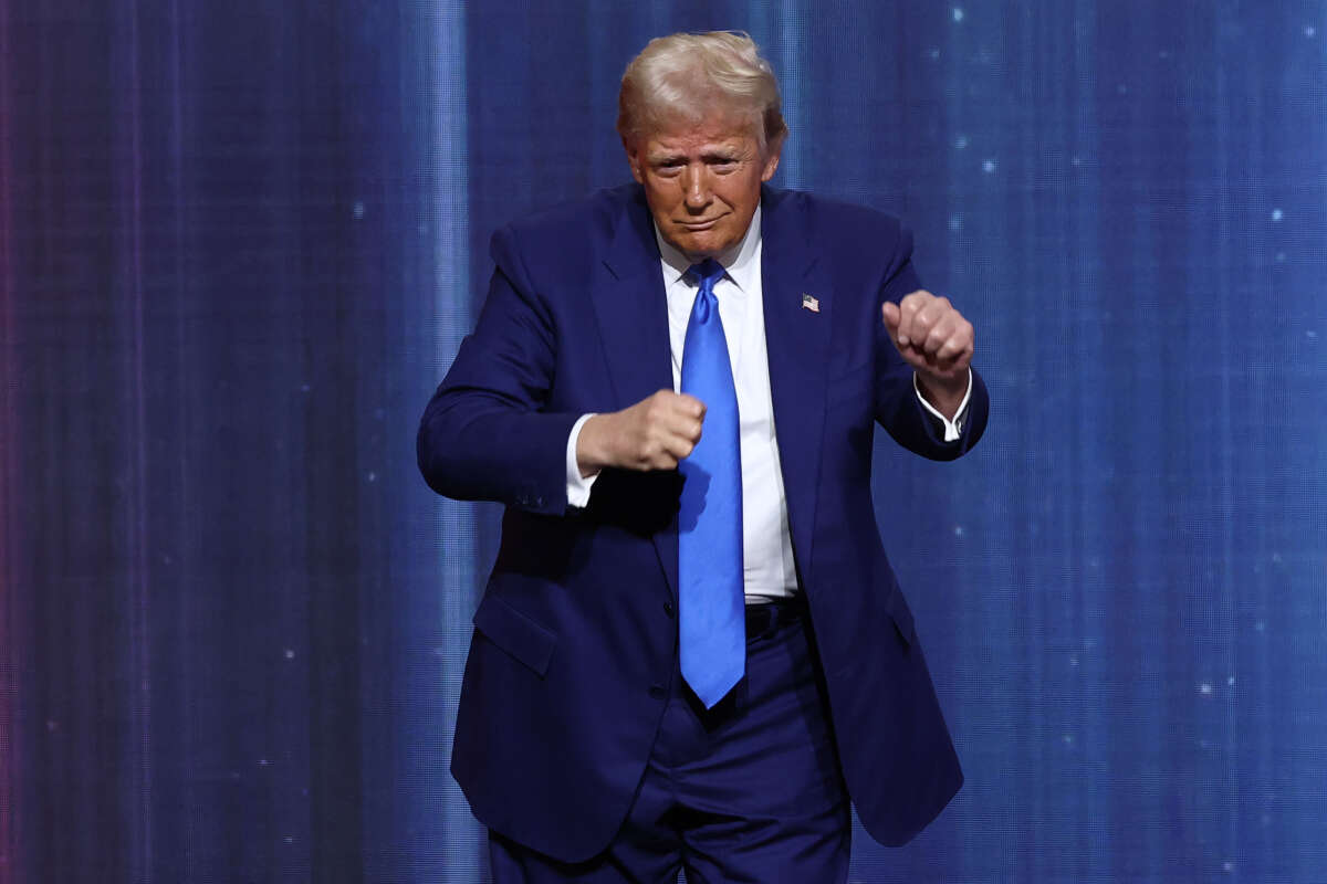 President-elect Donald Trump dances after speaking during the Fox Nation's Patriot Awards at the Tilles Center on December 5, 2024, in Greenvale, New York.