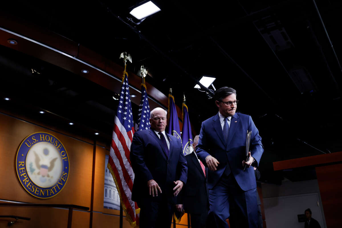 Speaker of the House Mike Johnson departs from a news conference with House Republican Caucus leadership at the U.S. Capitol on September 24, 2024, in Washington, D.C.