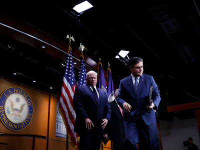 Speaker of the House Mike Johnson departs from a news conference with House Republican Caucus leadership at the U.S. Capitol on September 24, 2024, in Washington, D.C.