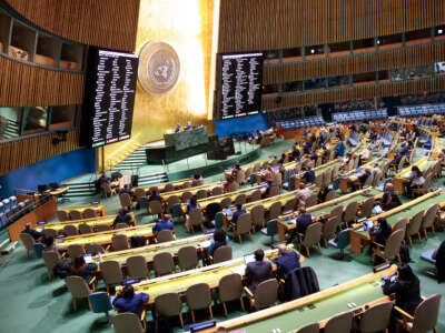 A screen show the vote results from the resolution Peaceful settlement of the question of Palestine at the General Assembly 46th plenary meeting on December 3, 2024, at UN headquarters in New York City.