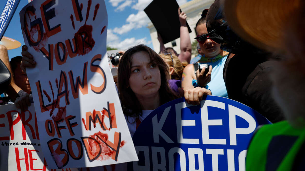 Abortion rights advocates participate in a protest outside of the Supreme Court Building on June 24, 2024, in Washington, D.C.