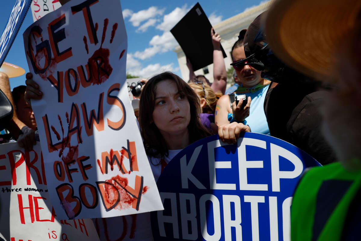 Abortion rights advocates participate in a protest outside of the Supreme Court Building on June 24, 2024, in Washington, D.C.