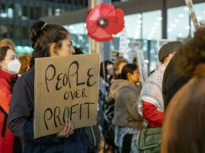 Protesters demonstrate on the day after the 2024 election, on November 6, 2024, in Chicago, Illinois.