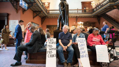 Demonstrators watch a live video feed of state Senate proceedings before the body passed a ban on abortion after six weeks of pregnancy at the South Carolina Statehouse on May 23, 2023, in Columbia, South Carolina.