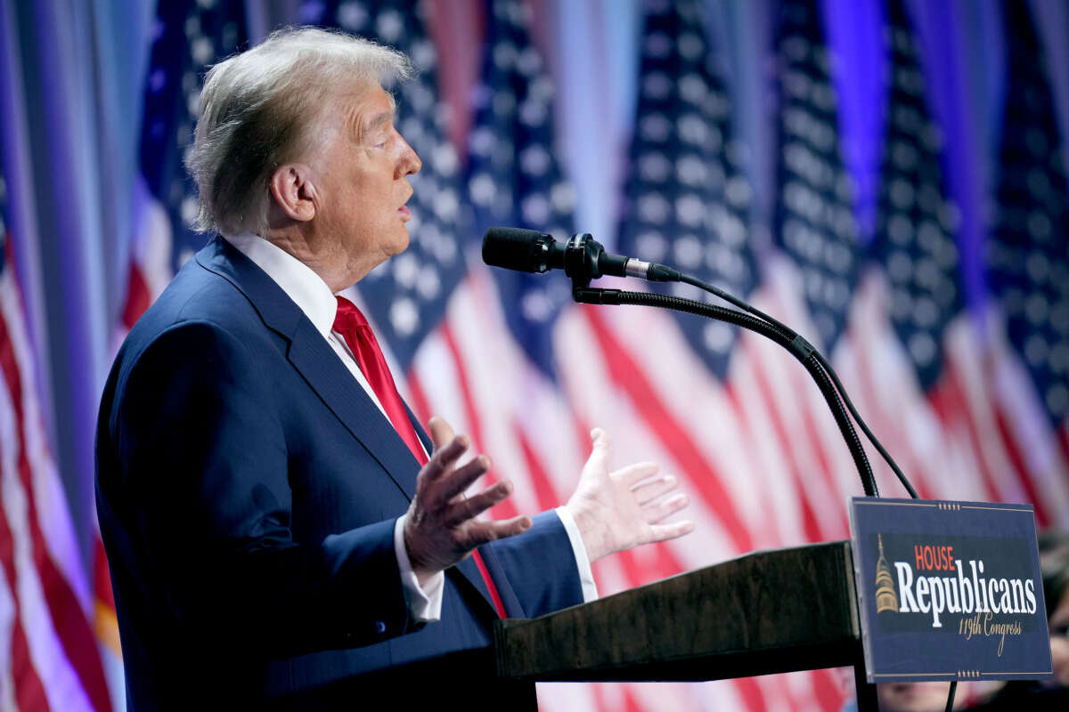 President-elect Donald Trump speaks at a House Republicans Conference meeting at the Hyatt Regency on Capitol Hill on November 13, 2024, in Washington, D.C.