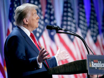 President-elect Donald Trump speaks at a House Republicans Conference meeting at the Hyatt Regency on Capitol Hill on November 13, 2024, in Washington, D.C.