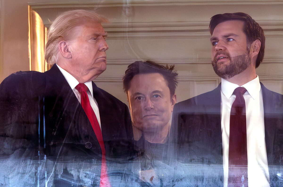 From left, President-elect Donald Trump, Tesla CEO Elon Musk and Vice President-elect JD Vance attend the 125th Army-Navy football game at Northwest Stadium on December 14, 2024, in Landover, Maryland.