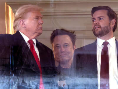 From left, President-elect Donald Trump, Tesla CEO Elon Musk and Vice President-elect JD Vance attend the 125th Army-Navy football game at Northwest Stadium on December 14, 2024, in Landover, Maryland.