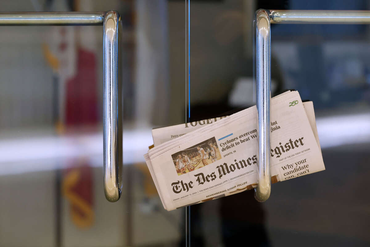 A copy of The Des Moines Register is tucked into an office door as Winter storm Gerri arrives in Iowa four days before the caucuses on January 12, 2024, in Des Moines, Iowa.