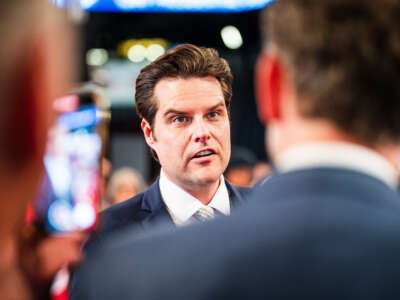 Rep. Matt Gaetz speaks to reporters in the spin room at CNN's studios in Atlanta, Georgia, on June 27, 2024.