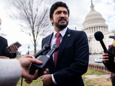 Rep. Greg Casar speaks after a news conference outside the U.S. Capitol on January 26, 2023.