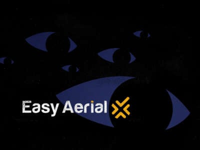 The logo for Easy Aerial is seen as part of an illustration of blue eyes floating in a dark space to represent drone surveillance