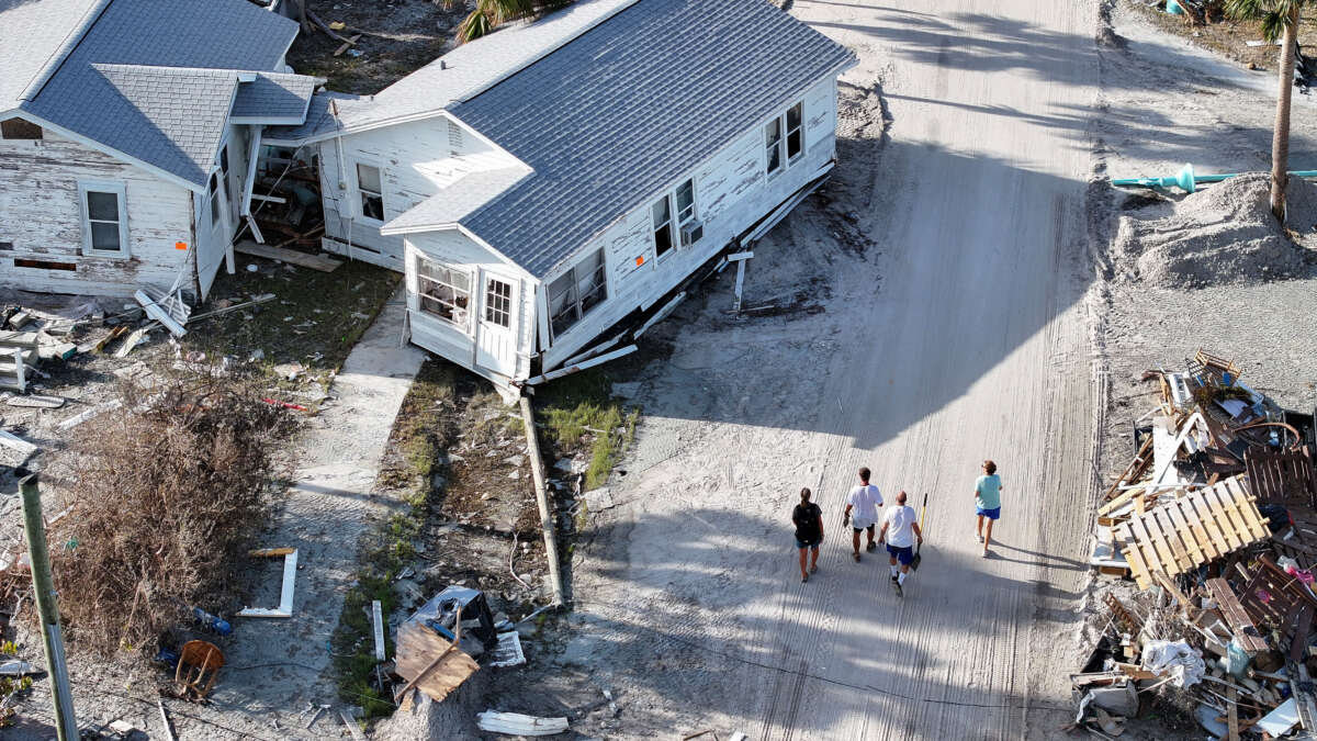 An aerial view of a home sitting on a road on October 13, 2024, in Manasota Key, Florida.