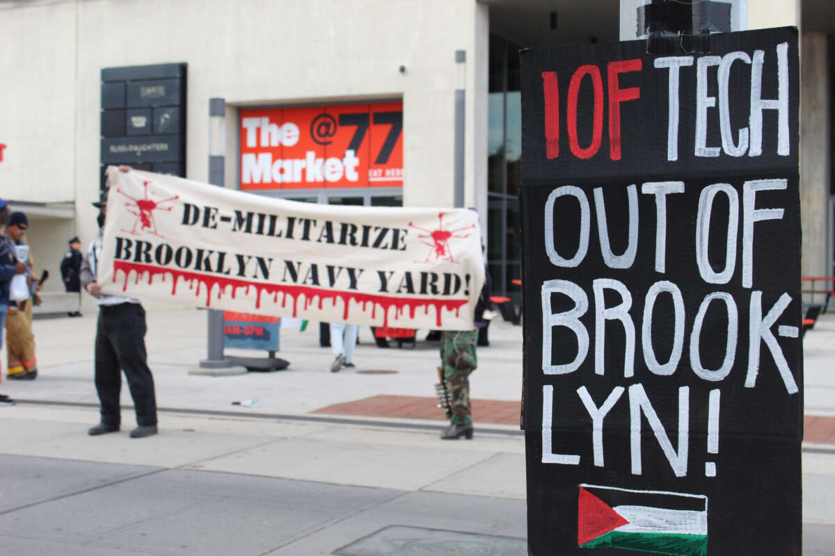 Activists with Demilitarize Brooklyn Navy Yard hold a demonstration against Easy Aerial and Crye Precision outside the Brooklyn Navy Yard in New York on November 4, 2024.