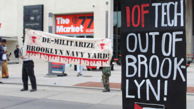 Activists with Demilitarize Brooklyn Navy Yard hold a demonstration against Easy Aerial and Crye Precision outside the Brooklyn Navy Yard in New York on November 4, 2024.