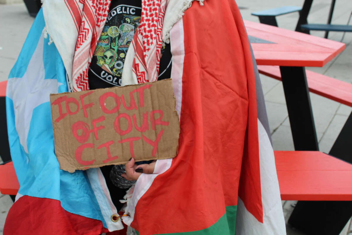 Activists with Demilitarize Brooklyn Navy Yard hold a demonstration against Easy Aerial and Crye Precision outside the Brooklyn Navy Yard in New York on November 4, 2024.