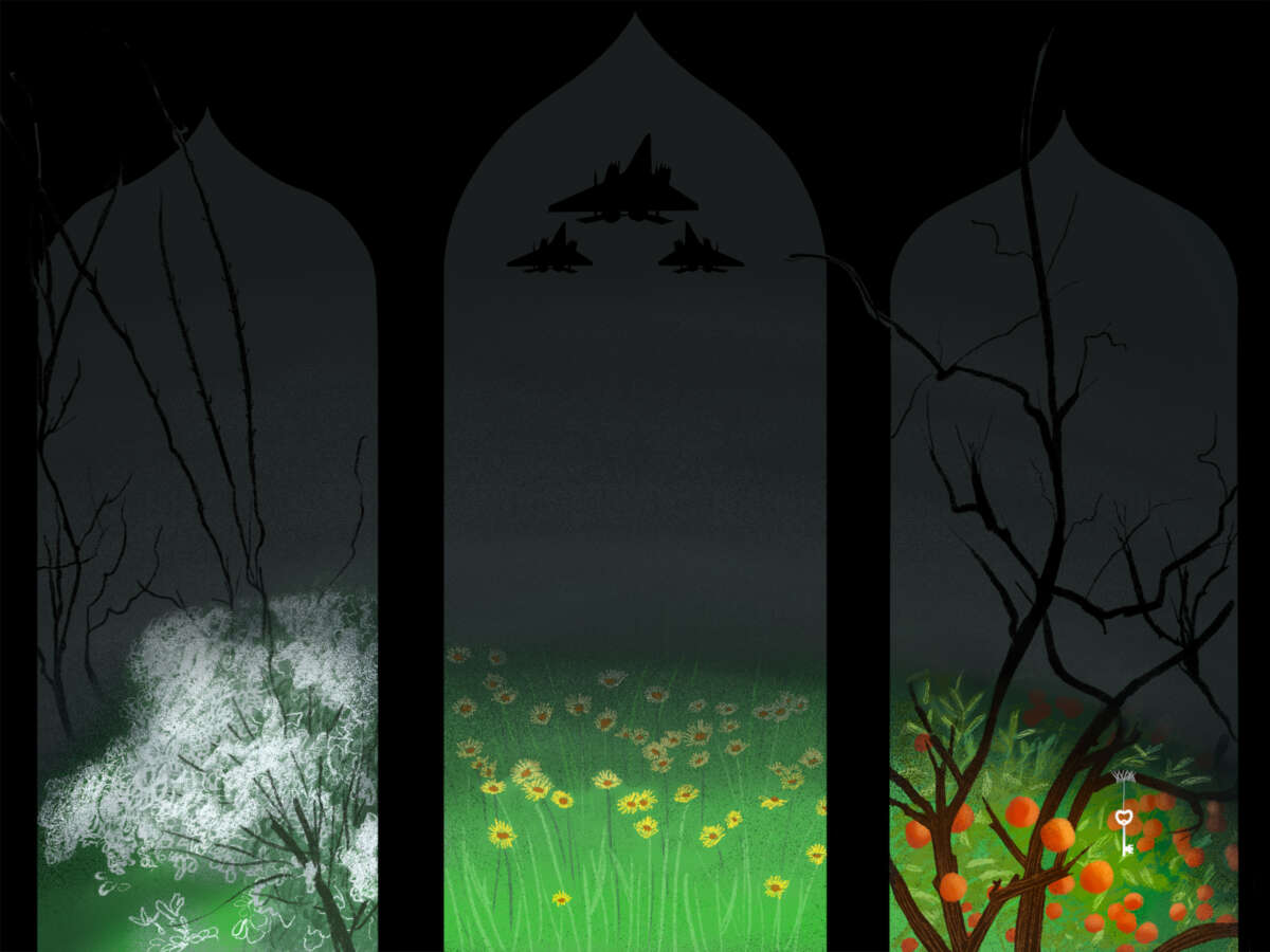 a garden is seen from behind a pillared wall. The sky above is dark grey and split with the charred branches of the plants below, green and endangered. War planes fly overhead.