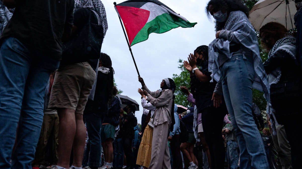 Pro-Palestinian demonstrators rally after marching from University Yard at George Washington University on May 9, 2024, in Washington, D.C.