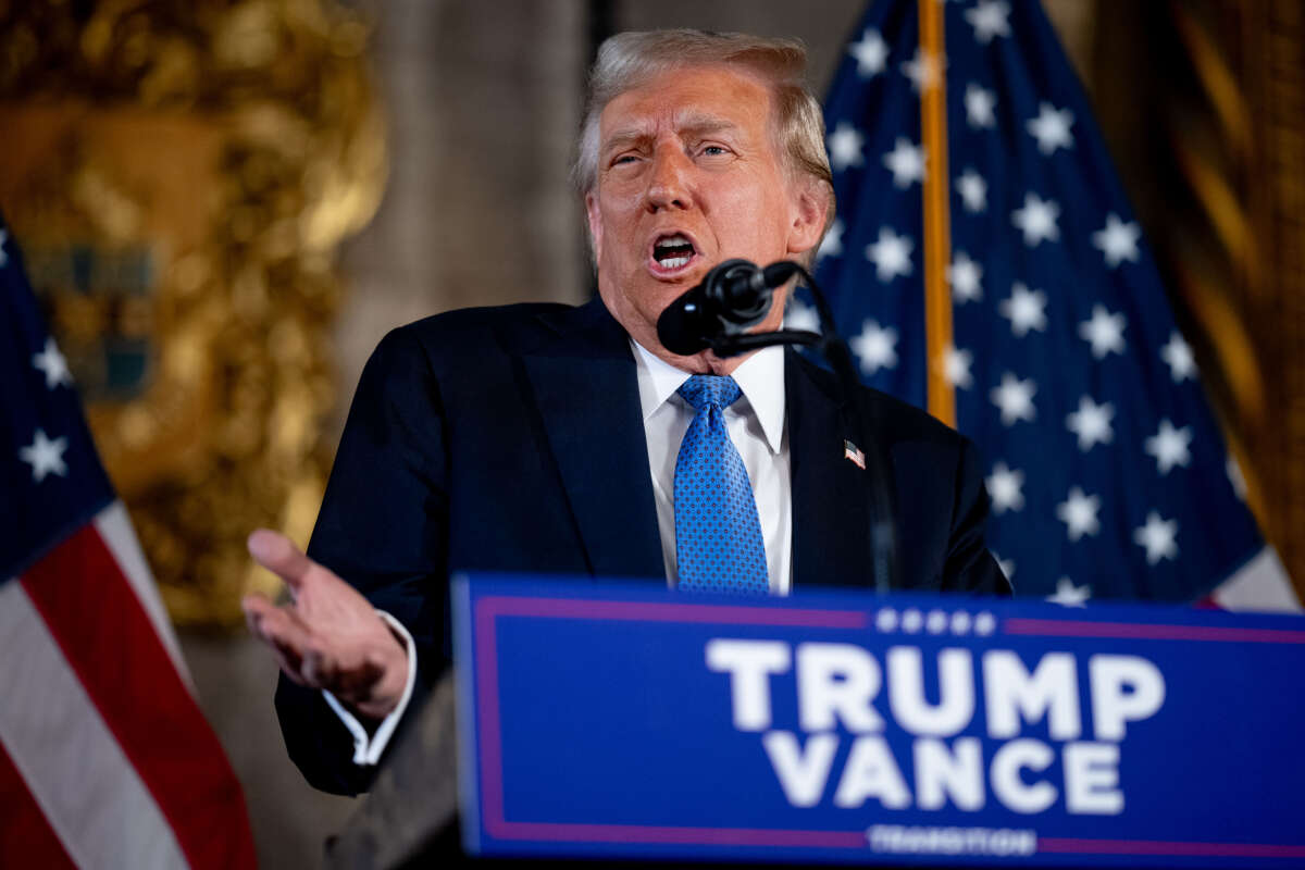 President-elect Donald Trump speaks at a news conference at Trump's Mar-a-Lago resort on December 16, 2024, in Palm Beach, Florida.