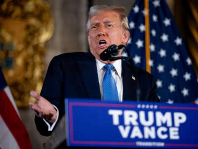 President-elect Donald Trump speaks at a news conference at Trump's Mar-a-Lago resort on December 16, 2024, in Palm Beach, Florida.