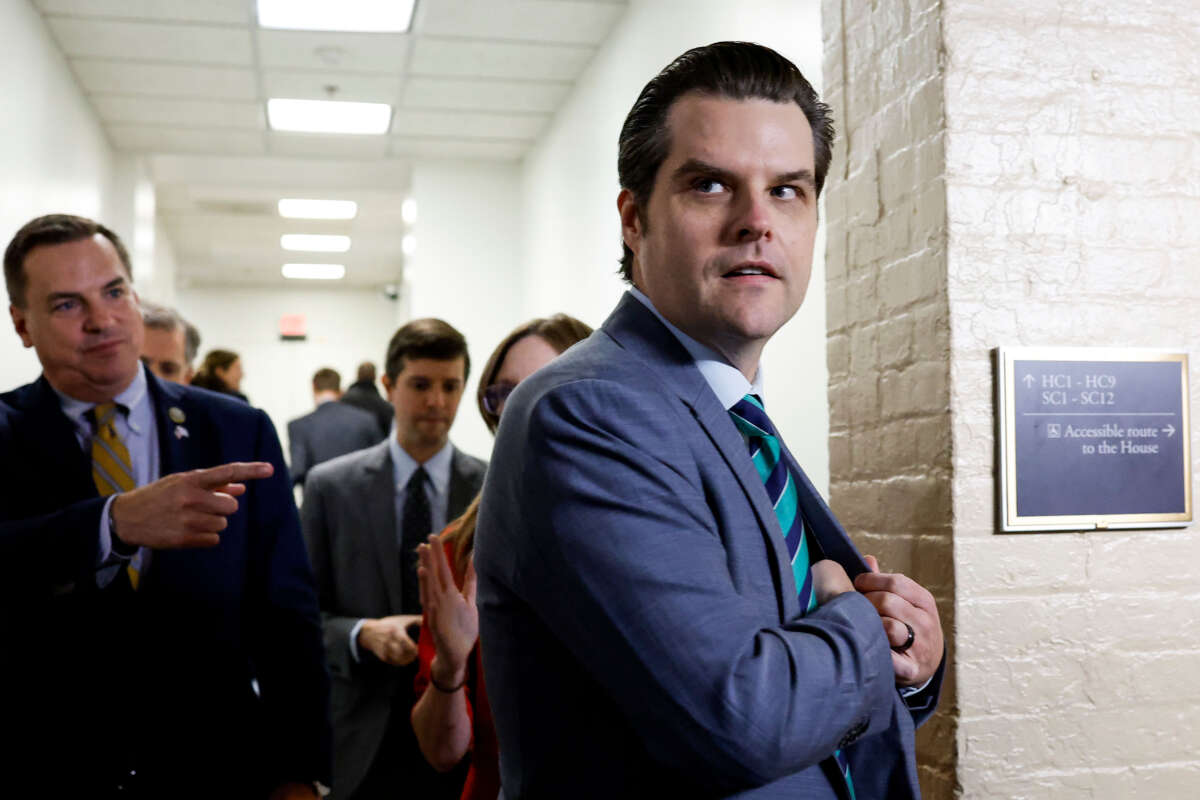 Rep. Matt Gaetz departs from a meeting with House Republicans at the U.S. Capitol Building on October 19, 2023, in Washington, D.C.