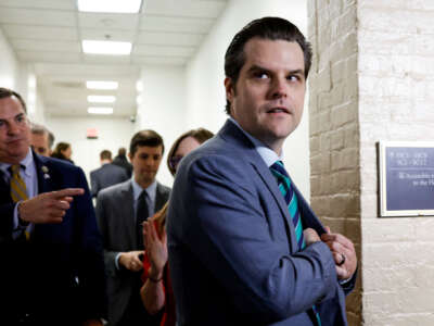 Rep. Matt Gaetz departs from a meeting with House Republicans at the U.S. Capitol Building on October 19, 2023, in Washington, D.C.