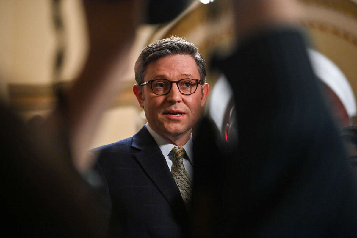 Speaker of the House Mike Johnson speaks with reporters at the U.S. Capitol, in Washington, D.C., on December 20, 2024.