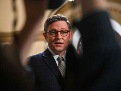 Speaker of the House Mike Johnson speaks with reporters at the U.S. Capitol, in Washington, D.C., on December 20, 2024.