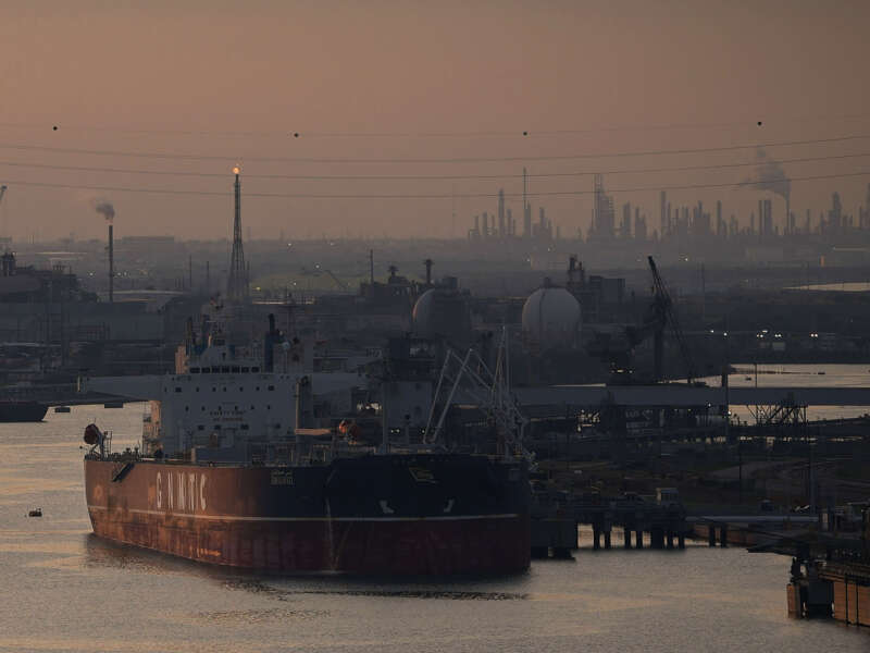 A ship is docked as the sun sets on November 16, 2023, at the Port of Corpus Christi in Corpus Christi, Texas.