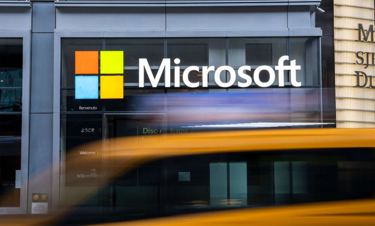 A view of the Microsoft corporate logo in front of the Microsoft Office building on 41st street and 8th avenue on November 25, 2024, in New York City.